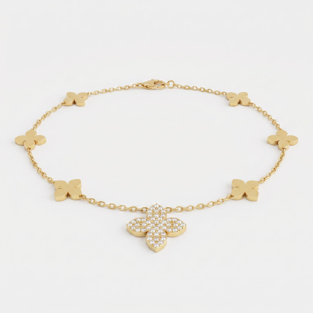 Clover Inspired Four-Leaf Round Diamond Blossom Necklace