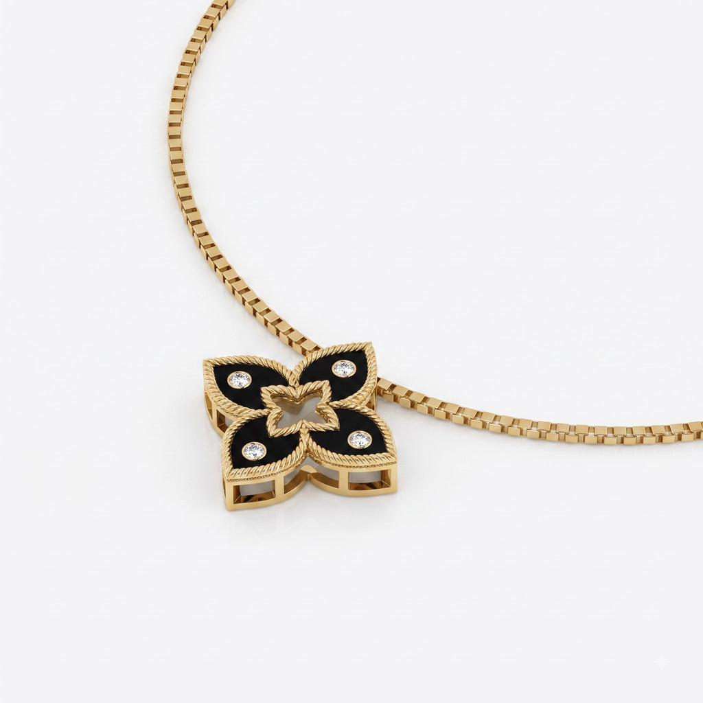 Black Enamel four-petal floral Round Diamond Pendant Necklace