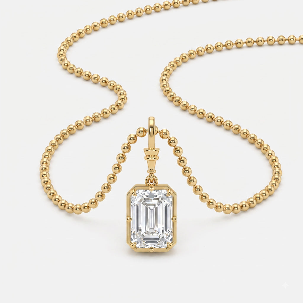 Elegant Emerald-Cut Solitaire Pendant with Beaded Gold Chain