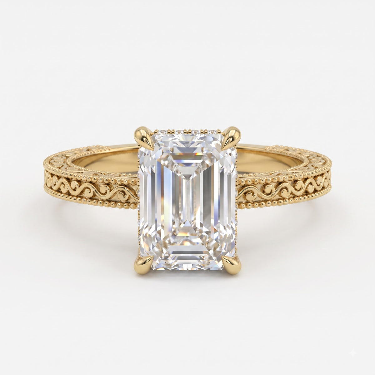 Evelyn Vintage Filigree Emerald Diamond Hidden Halo Ring