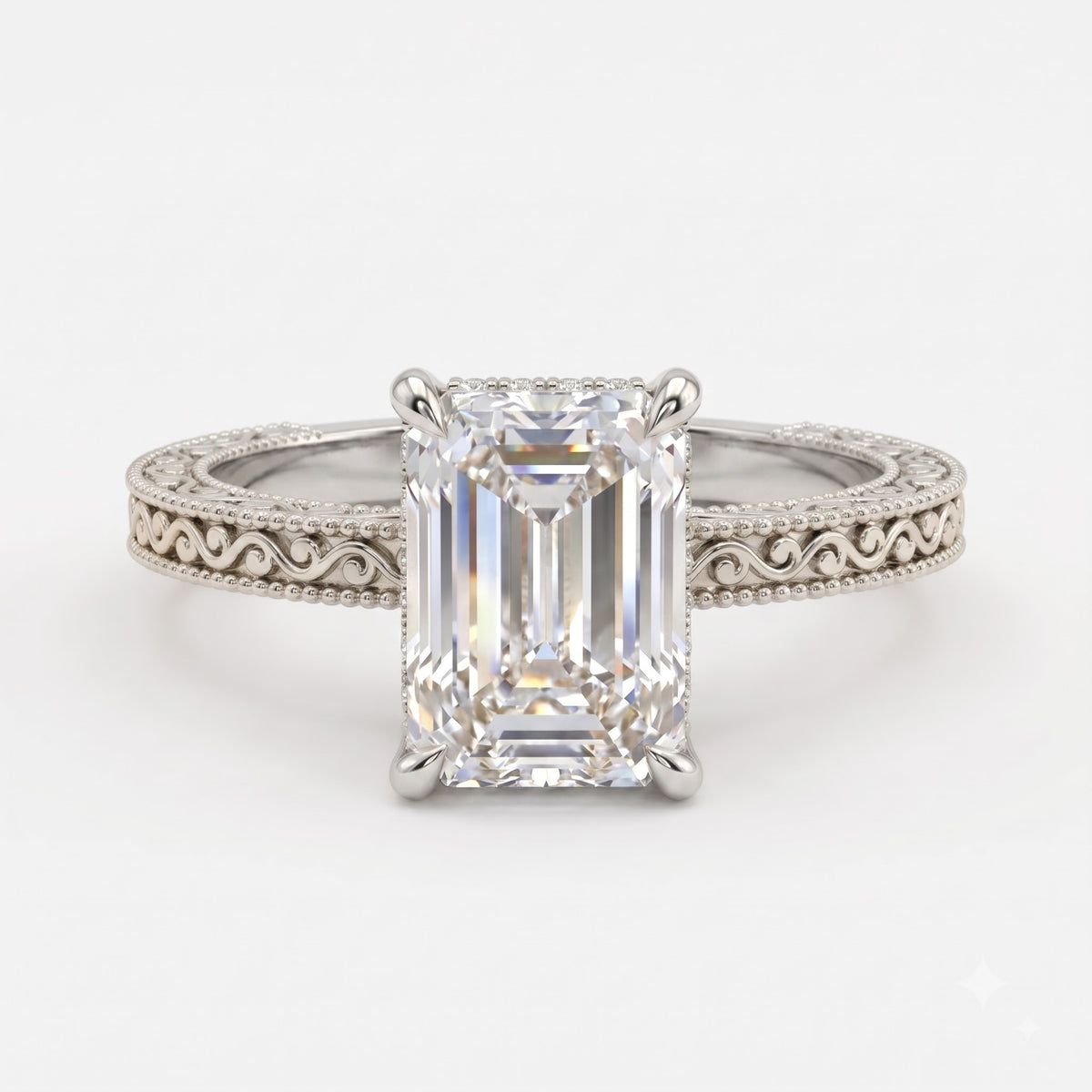 Evelyn Vintage Filigree Emerald Diamond Hidden Halo Ring
