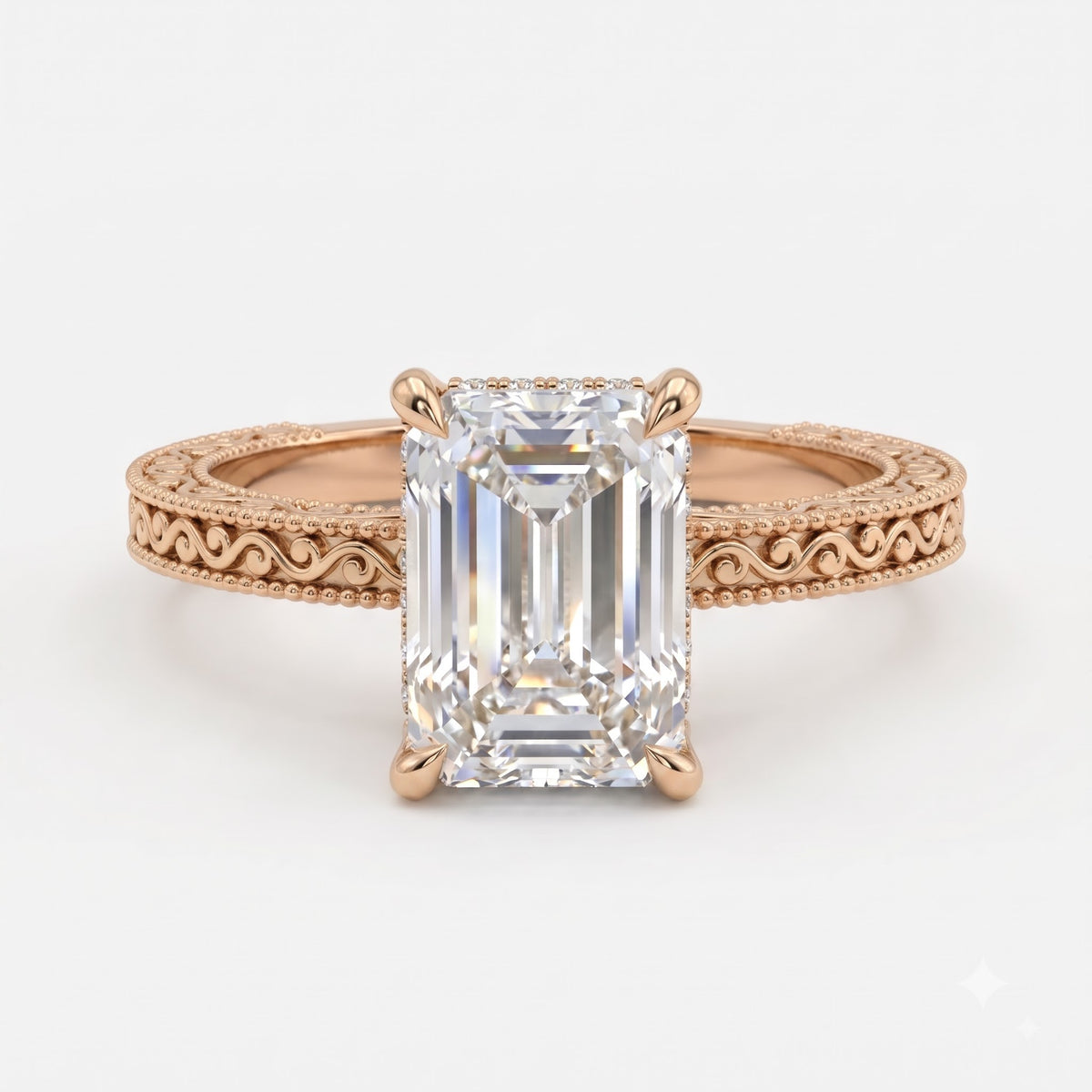 Evelyn Vintage Filigree Emerald Diamond Hidden Halo Ring