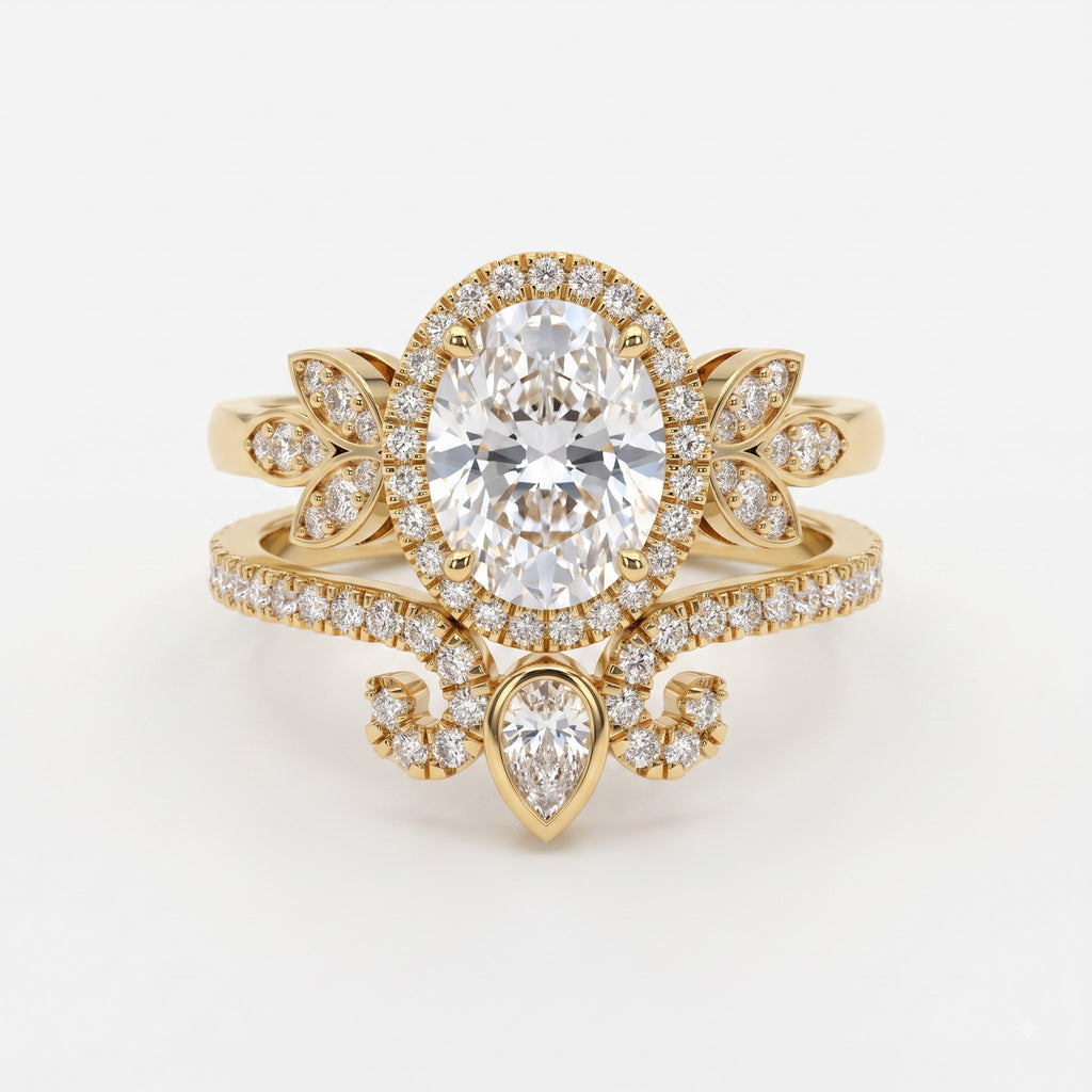 The Celestine Bloom Oval Diamond Bridal Set Vintage Ring