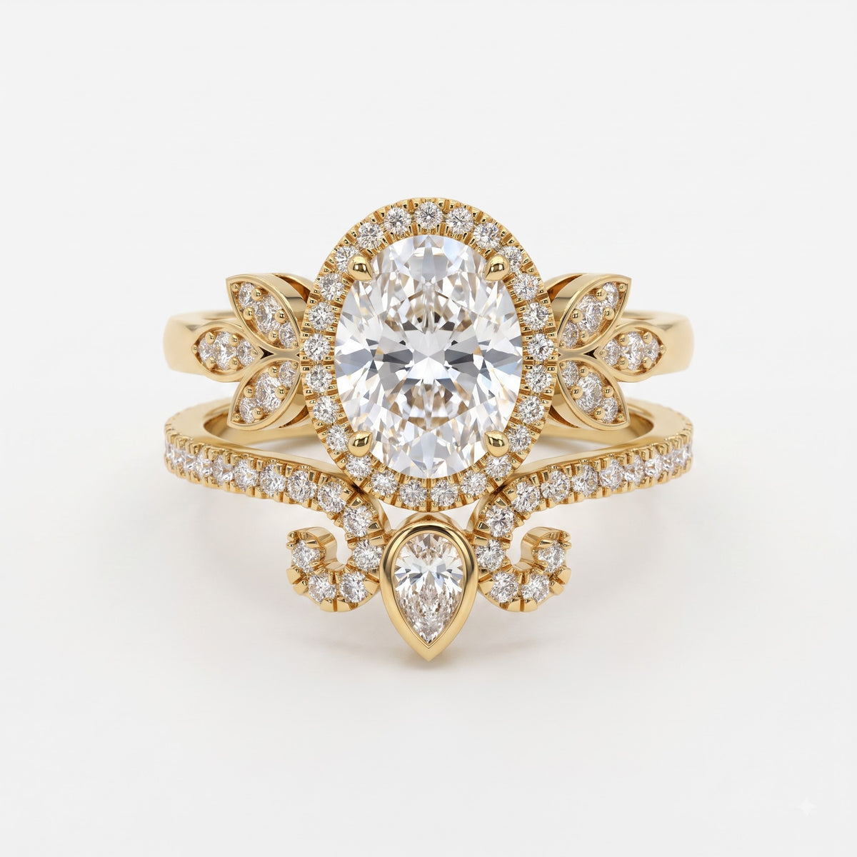 The Celestine Bloom Oval Diamond Bridal Set Vintage Ring