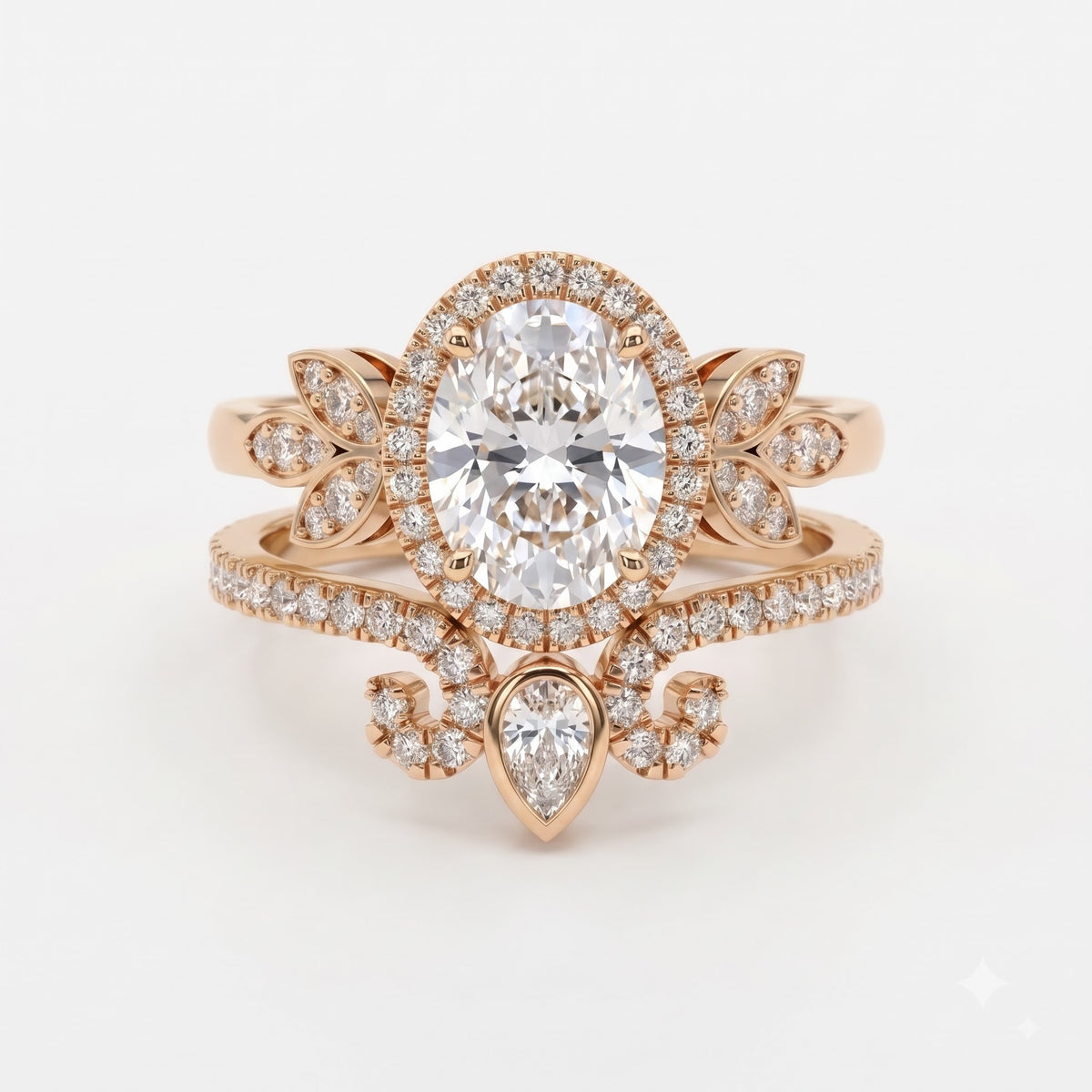 The Celestine Bloom Oval Diamond Bridal Set Vintage Ring