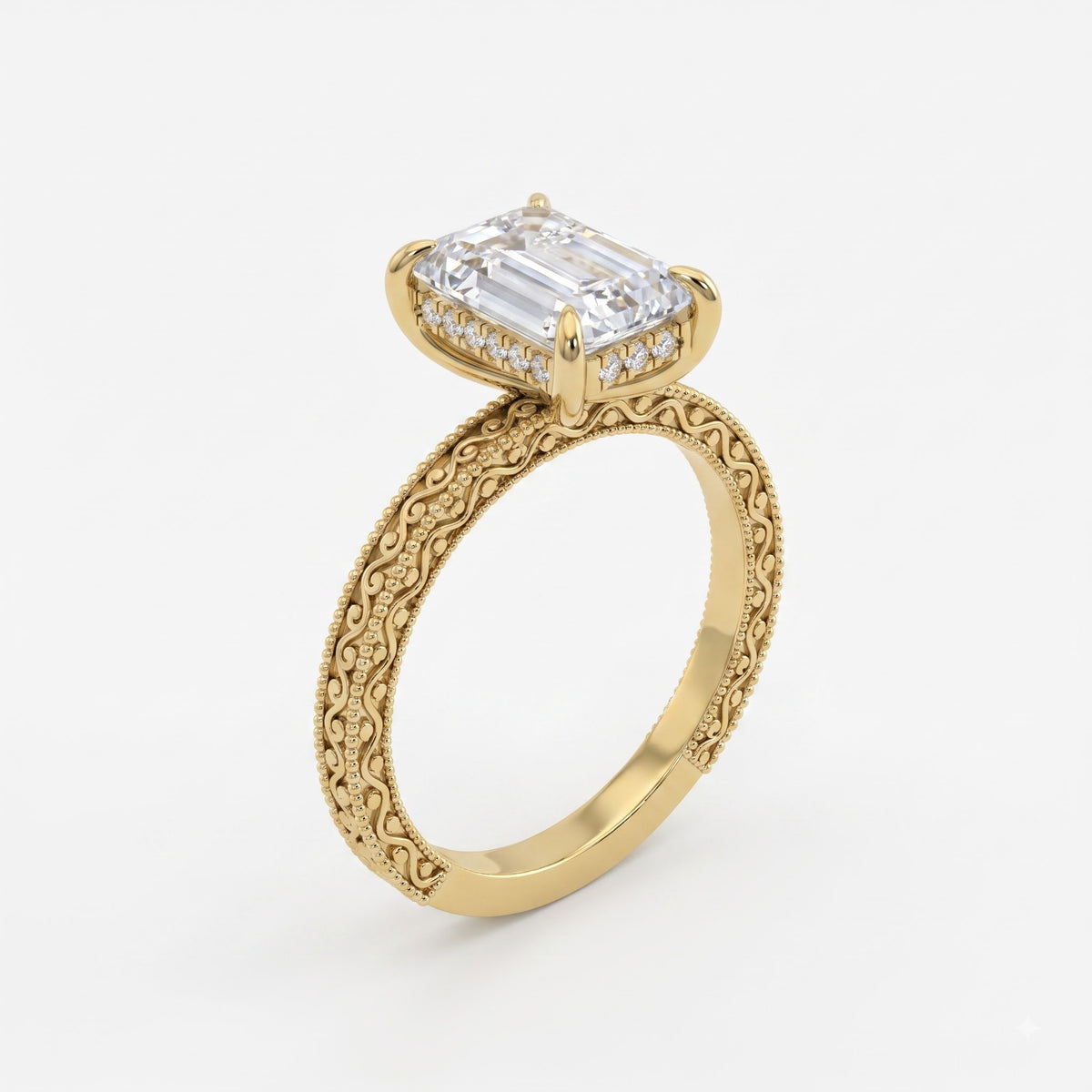 Evelyn Vintage Filigree Emerald Diamond Hidden Halo Ring