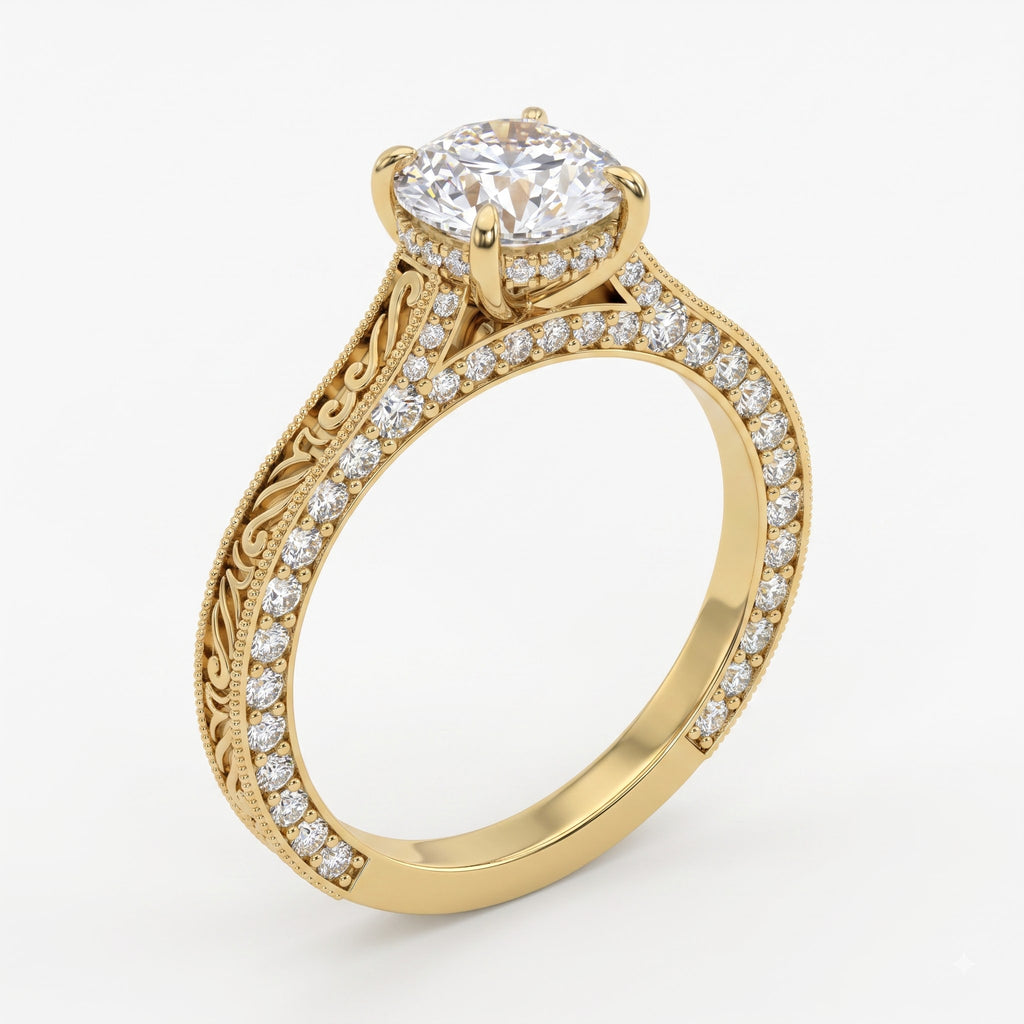 The Aurelia Royale Ornate Round Diamond Hidden Halo Ring