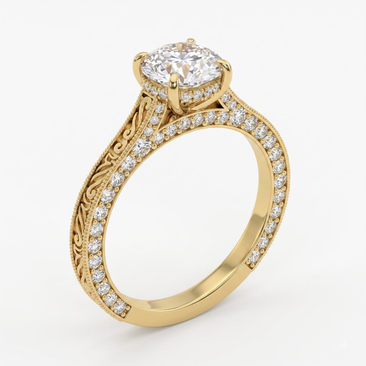 The Aurelia Royale Ornate Round Diamond Hidden Halo Ring