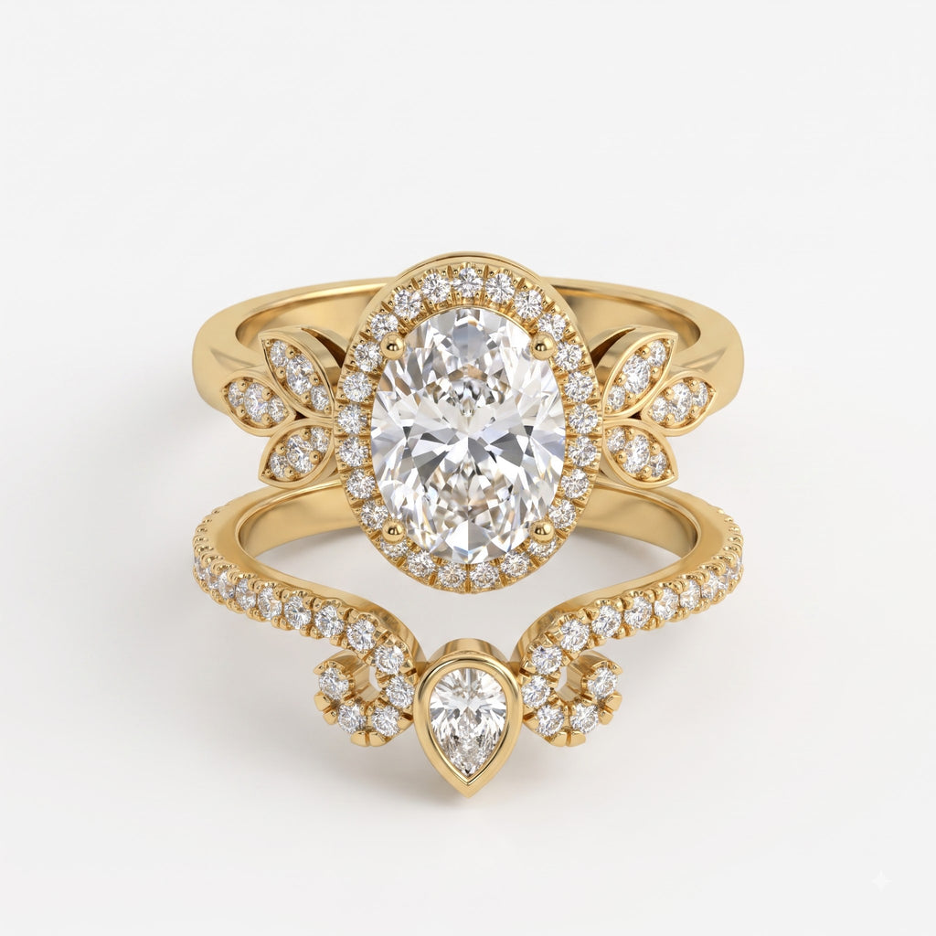 The Celestine Bloom Oval Diamond Bridal Set Vintage Ring