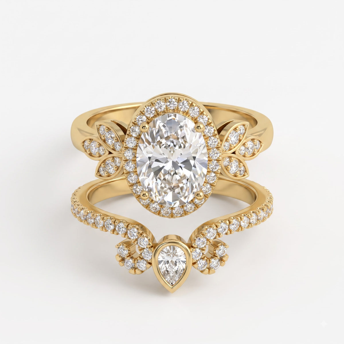 The Celestine Bloom Oval Diamond Bridal Set Vintage Ring
