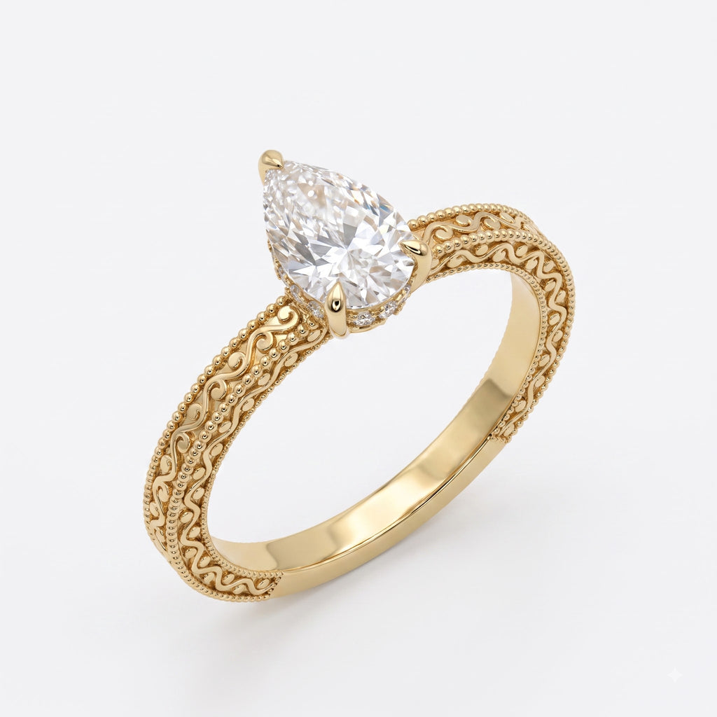 Élan Royale Pear-Cut Vintage Filigree Hidden Halo Ring