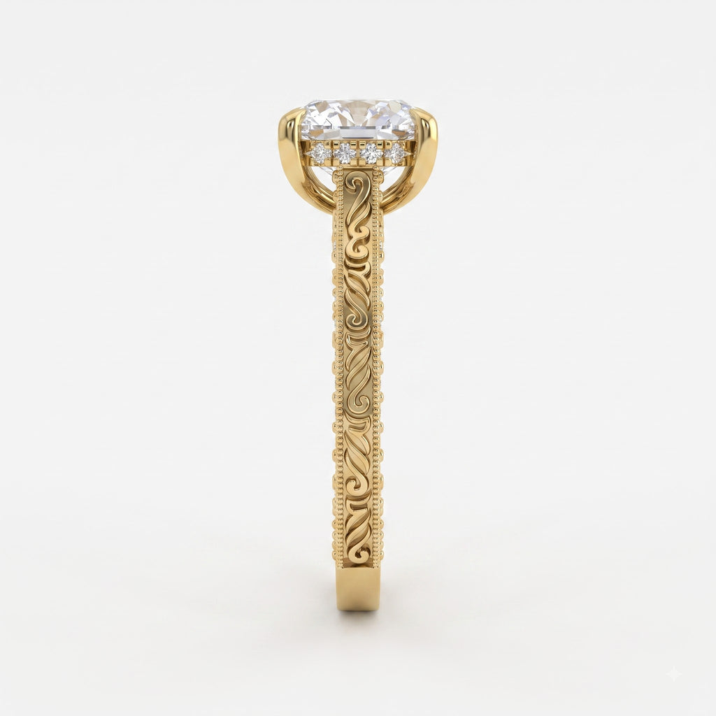 Luxury Vintage Inspired Cushion Cut Diamond Hidden Halo Ring
