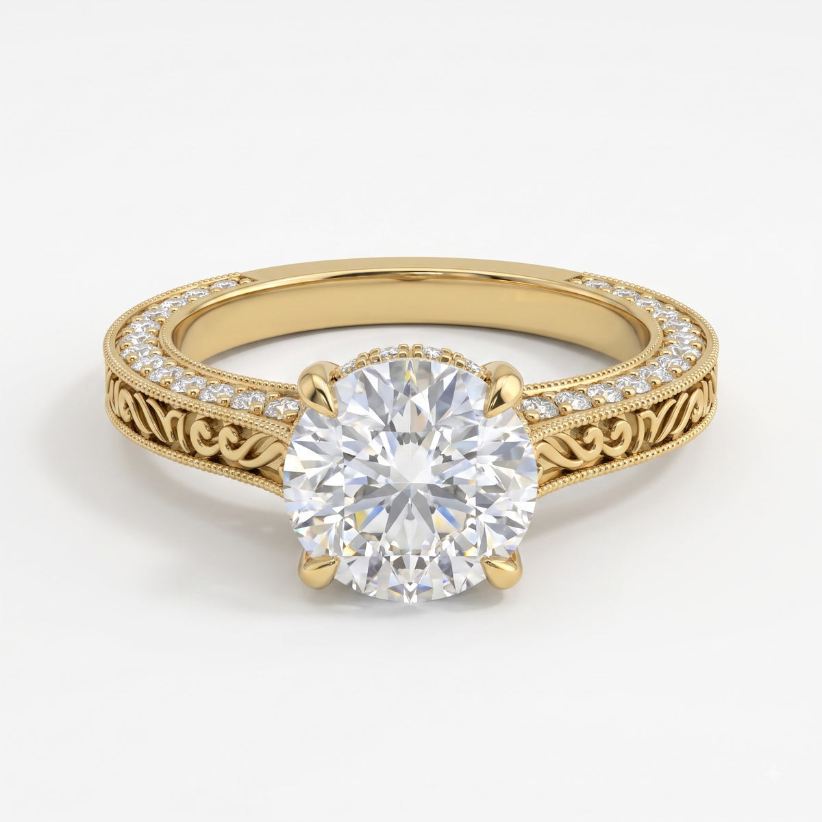 The Aurelia Royale Ornate Round Diamond Hidden Halo Ring