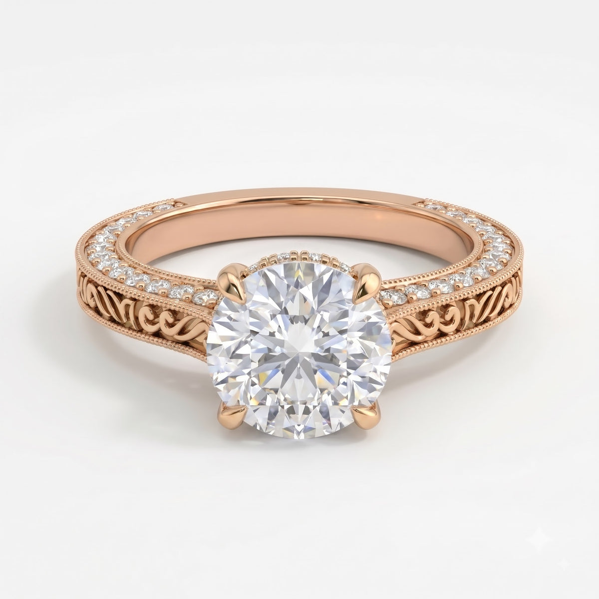 The Aurelia Royale Ornate Round Diamond Hidden Halo Ring
