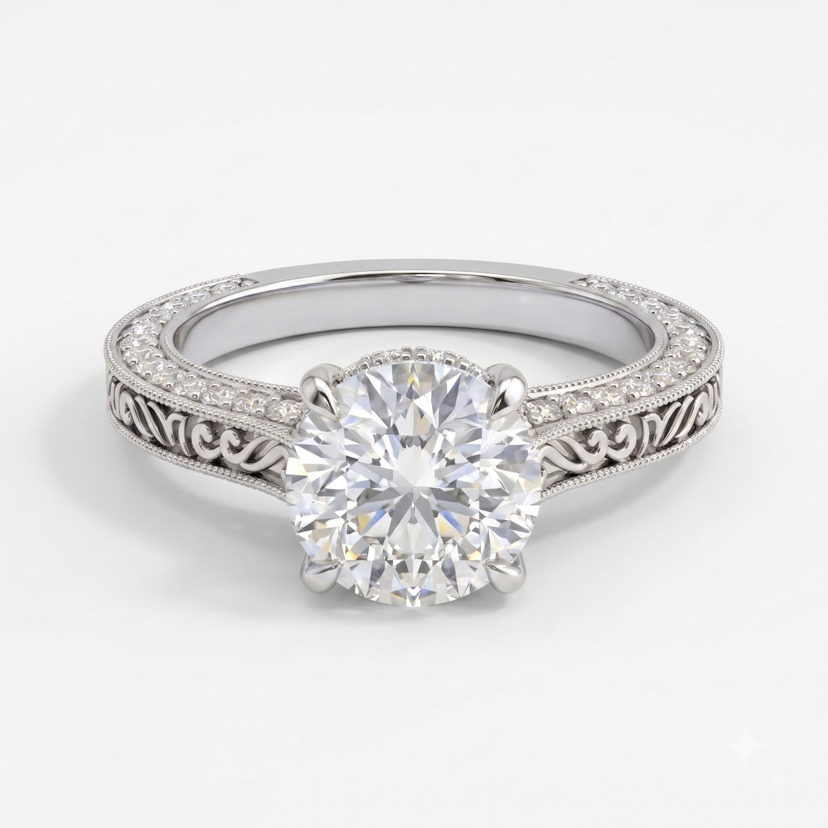 The Aurelia Royale Ornate Round Diamond Hidden Halo Ring