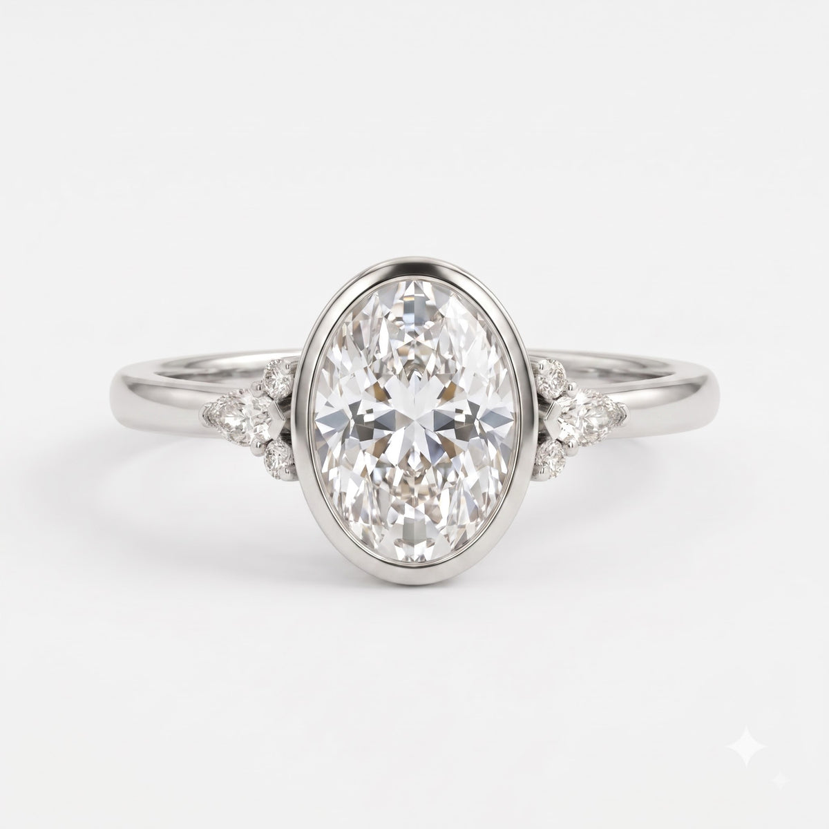 Elegant Oval Diamond Bezel Setting Side-Stone Ring