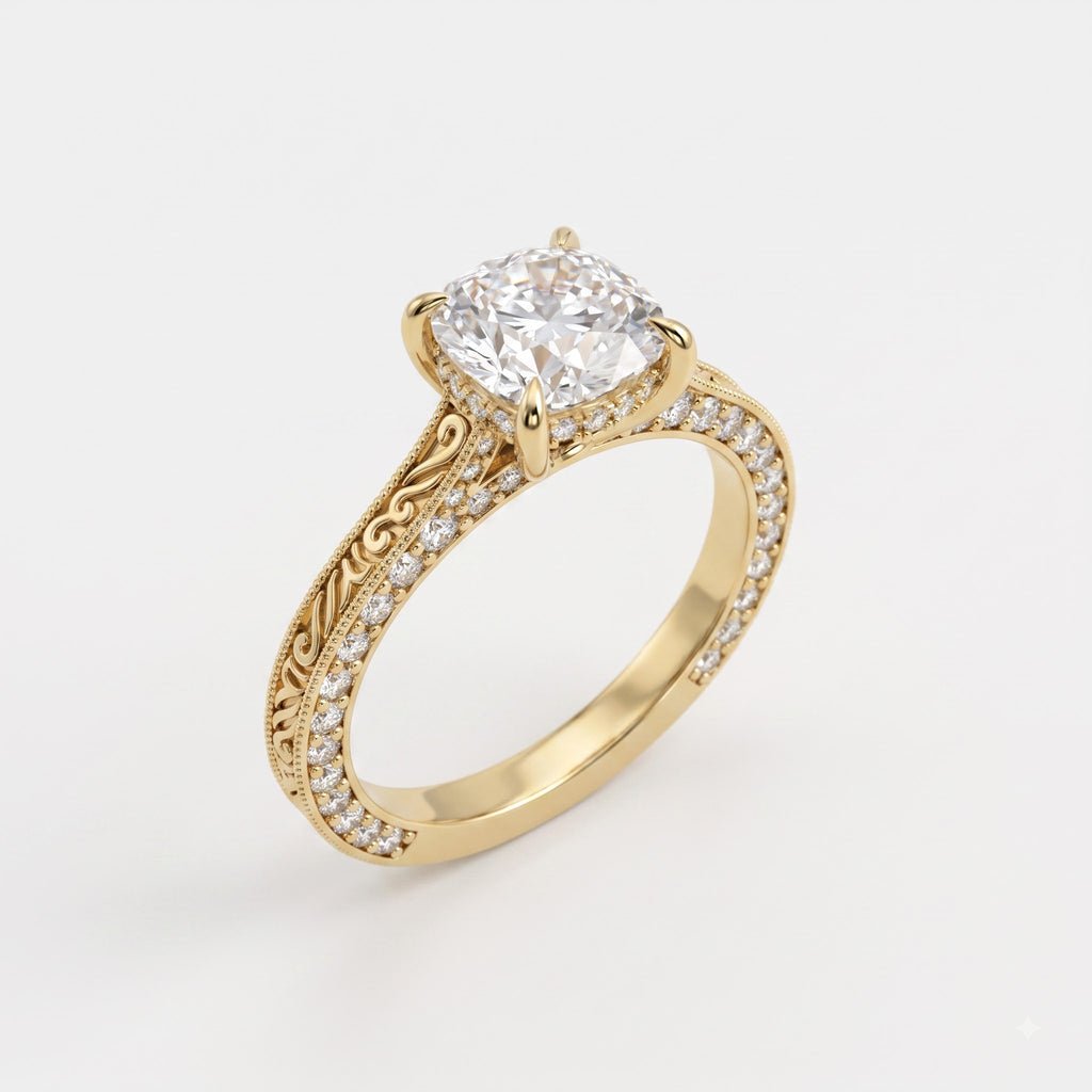 Luxury Vintage Inspired Cushion Cut Diamond Hidden Halo Ring