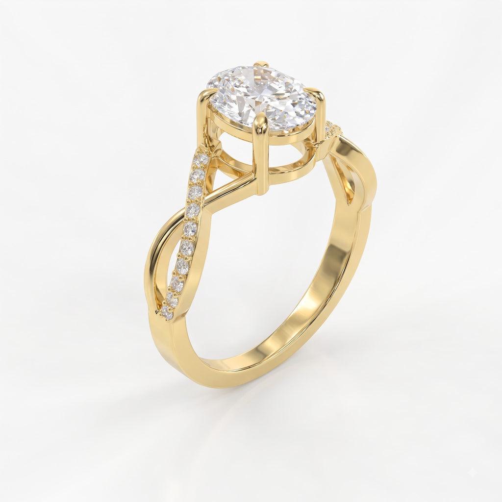 Celestine Oval Diamond Twisted Design Side Stone Ring