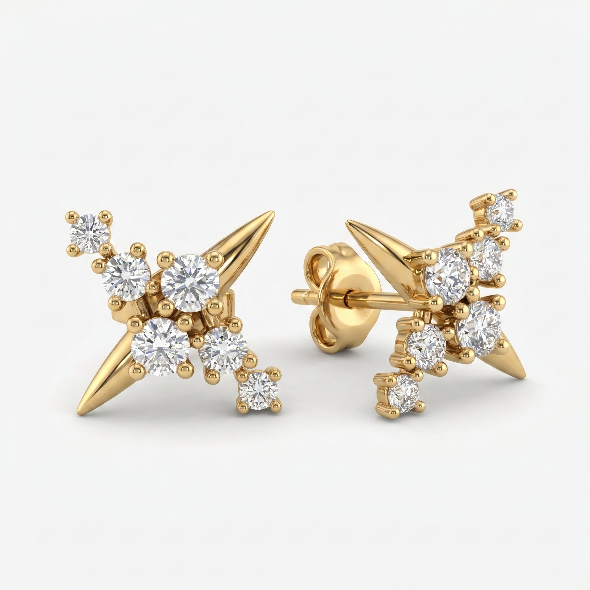 45-degree view of yellow gold diamond cluster stud earrings with modern spike detail and brilliant round stones