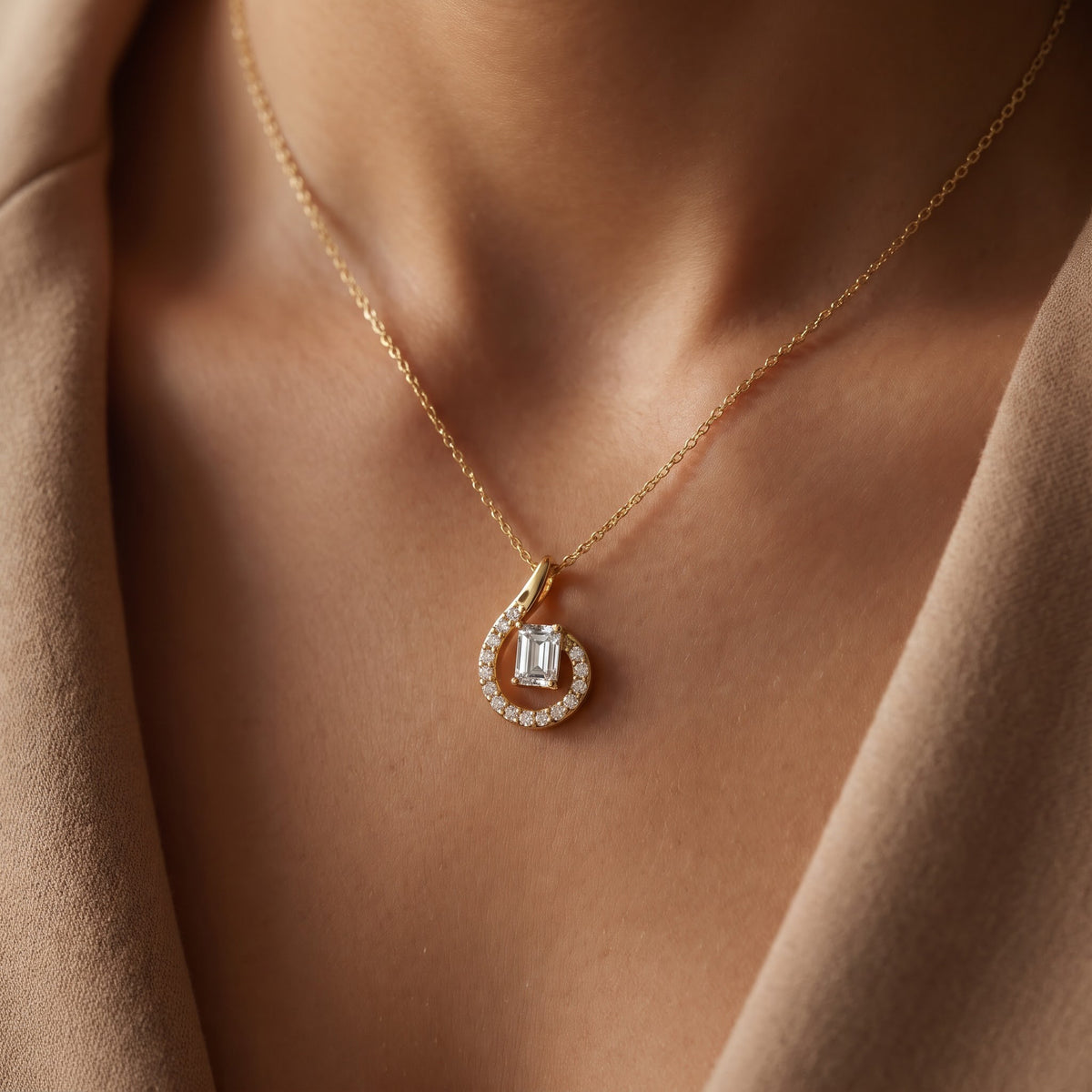 Celestial Embrace Emerald Cut Diamond Pendant necklace