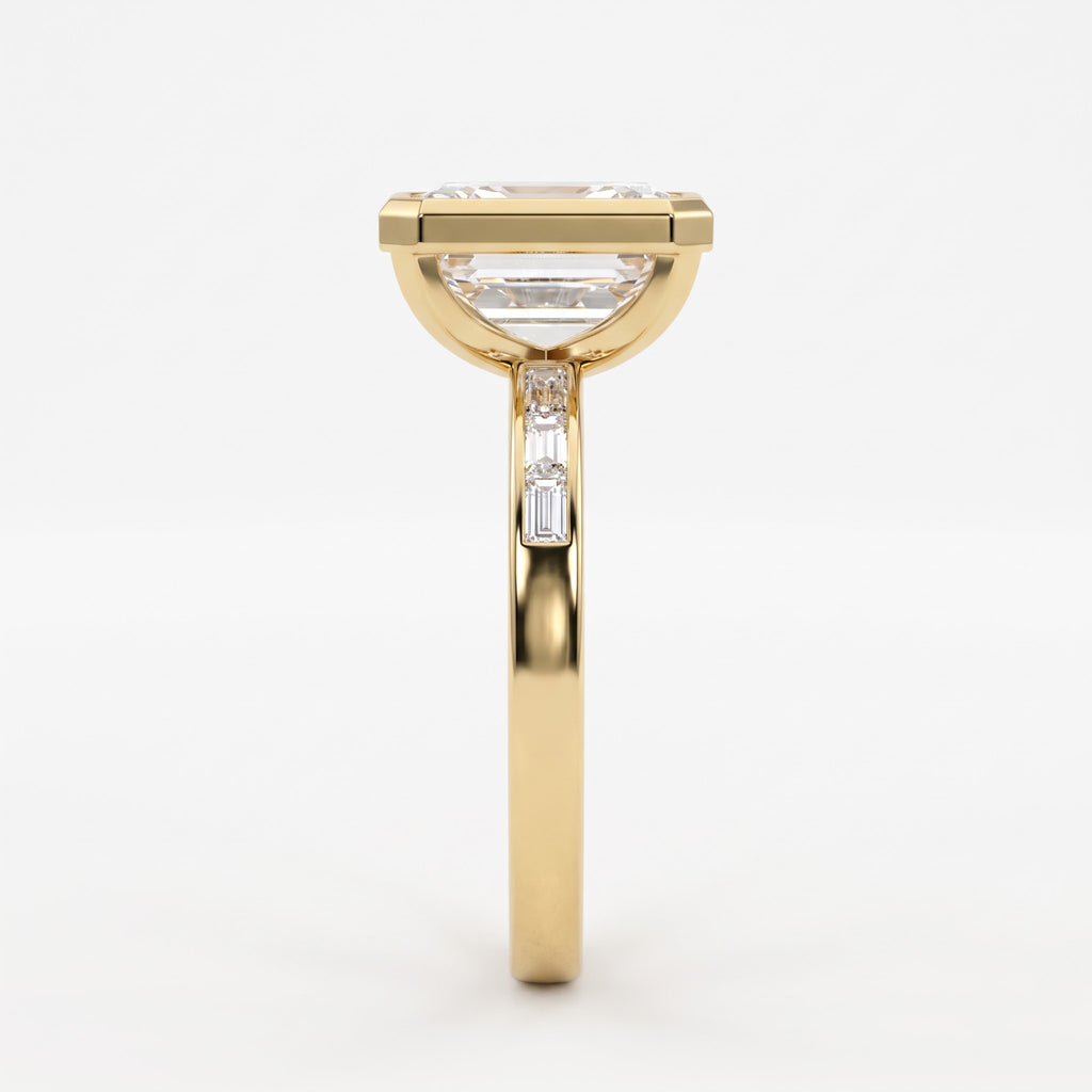 Luxury Emerald Cut Diamond Bezel Setting Side Stone Ring