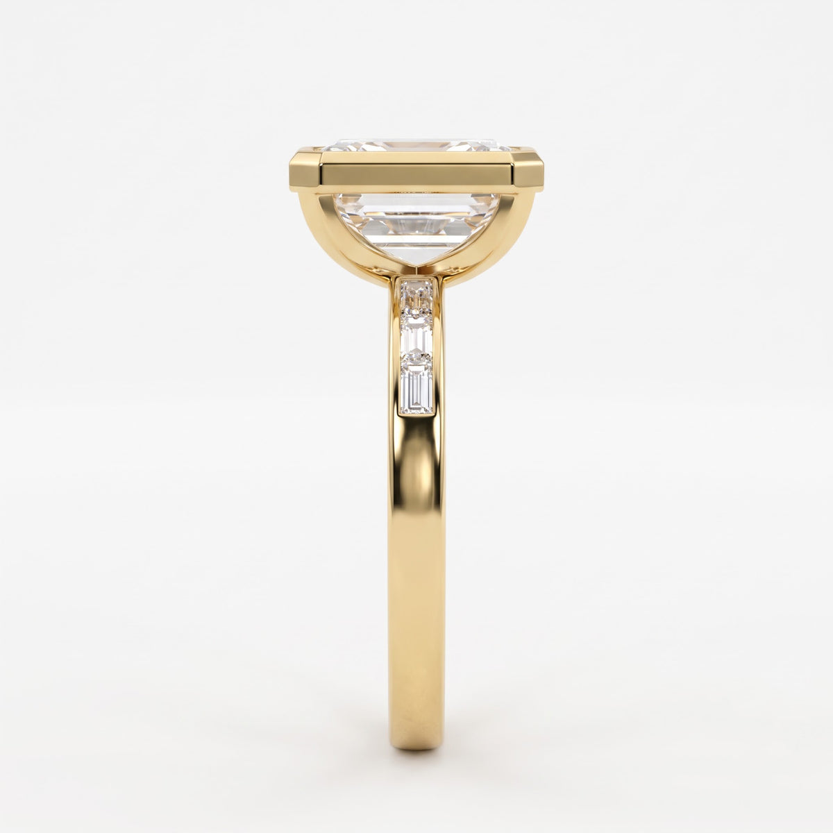 Luxury Emerald Cut Diamond Bezel Setting Side Stone Ring