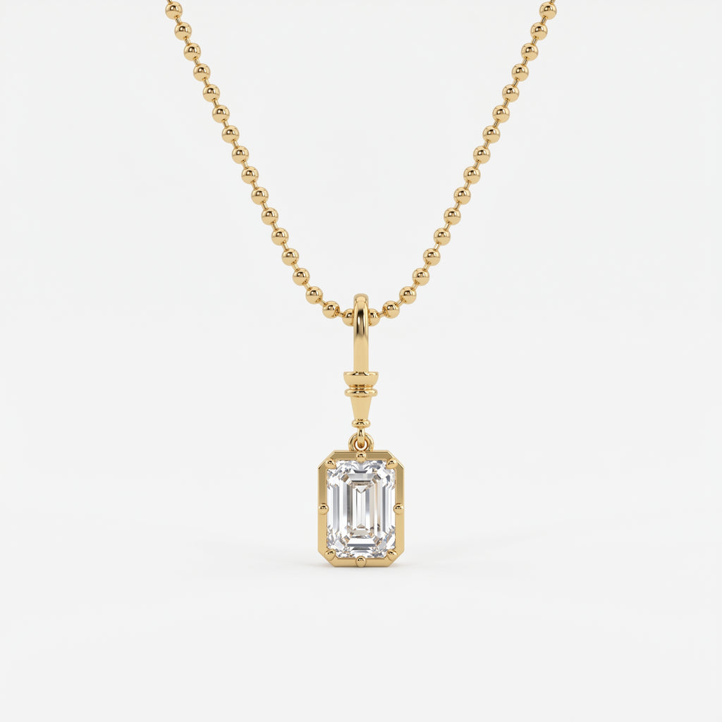 Elegant Emerald-Cut Solitaire Pendant with Beaded Gold Chain