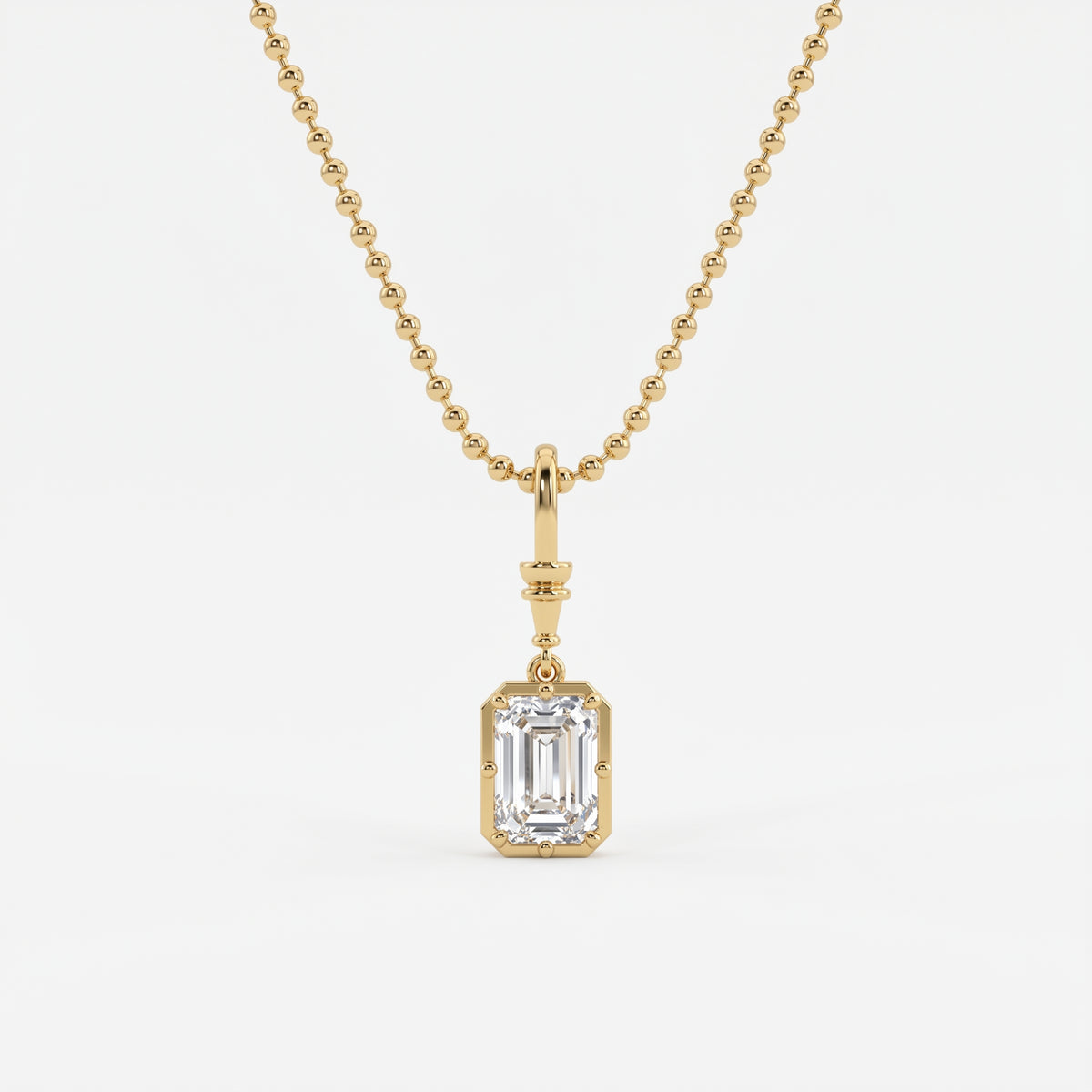 Elegant Emerald-Cut Solitaire Pendant with Beaded Gold Chain