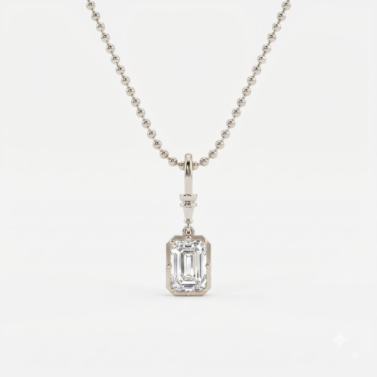 Elegant Emerald-Cut Solitaire Pendant with Beaded Gold Chain