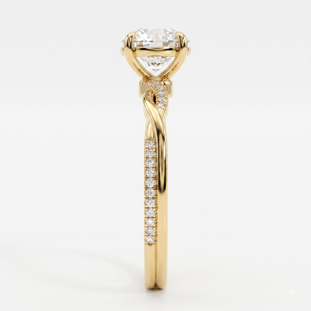Round Brilliant Twisted Split-Shank Pavé Side Stone Engagement Ring