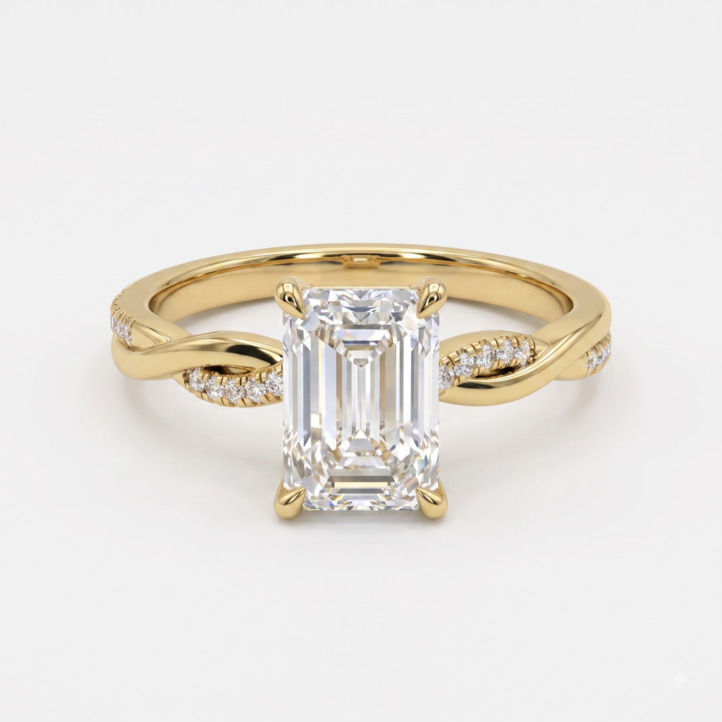 The Lumière Emerald Cut Diamond Twisted Pavé Side Stone Ring