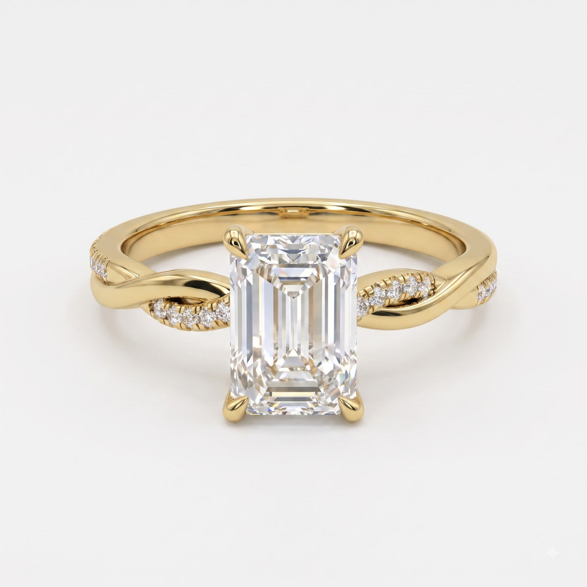The Lumière Emerald Cut Diamond Twisted Pavé Side Stone Ring