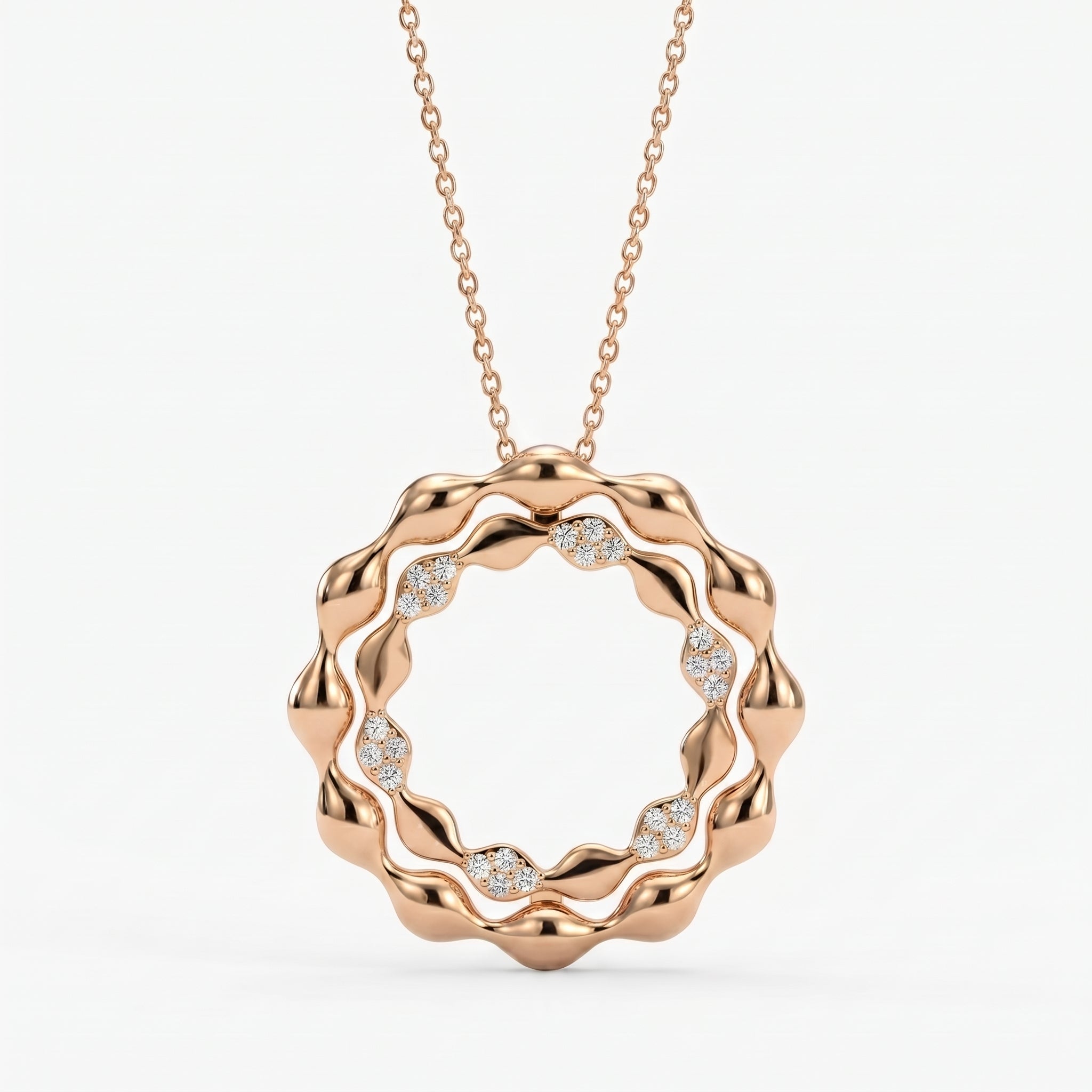 Elegant Diamond Wave Circle Pendant Necklace