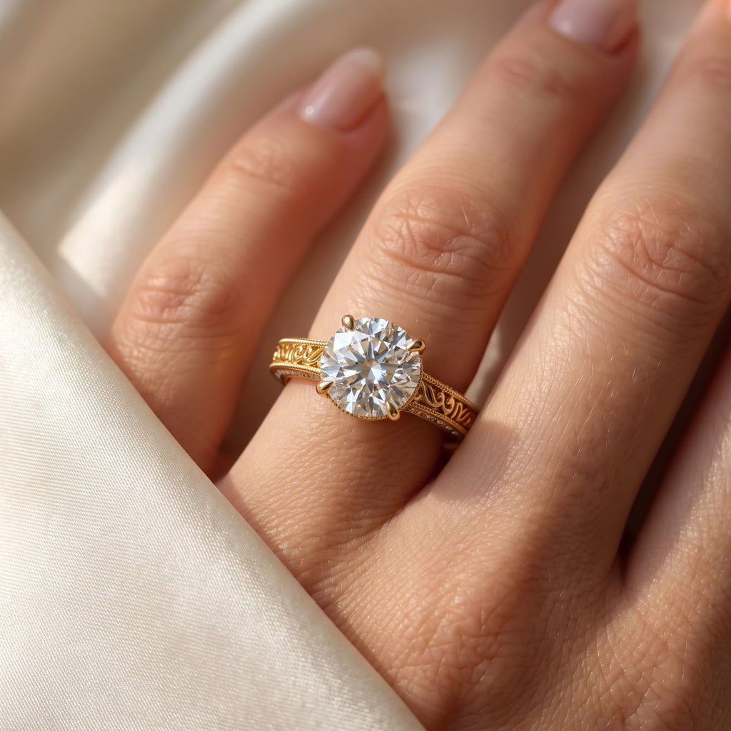 The Aurelia Royale Ornate Round Diamond Hidden Halo Ring