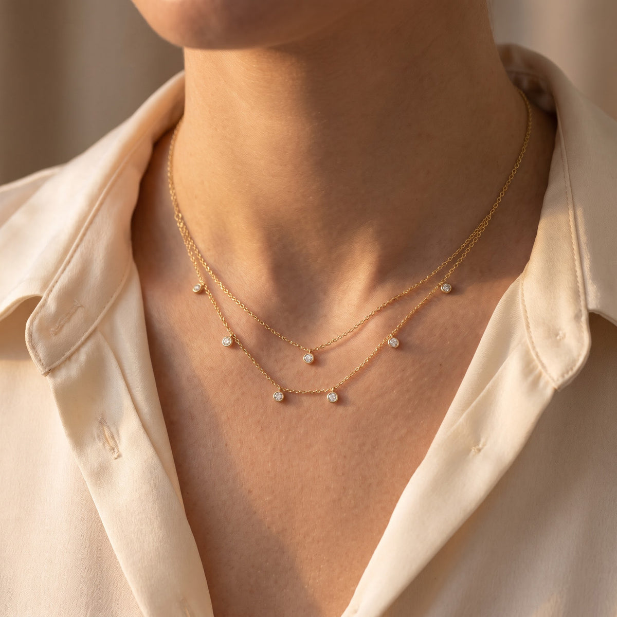 Double-Layer Round Diamond Bezel Fashion Necklace