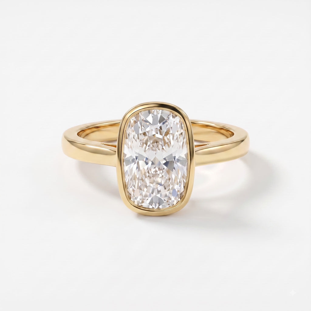 Luxury Bezel Set Long Cushion Diamond Solitaire Ring
