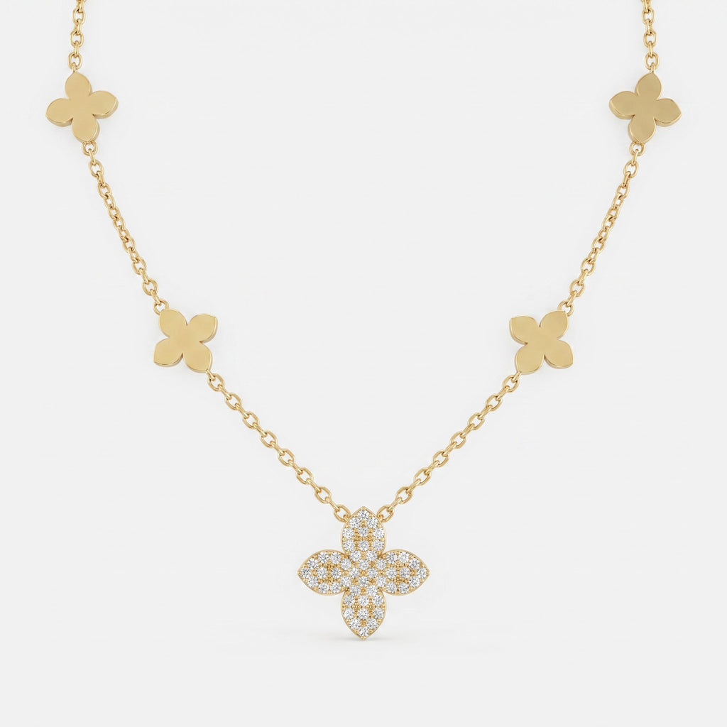 Clover Inspired Four-Leaf Round Diamond Blossom Necklace