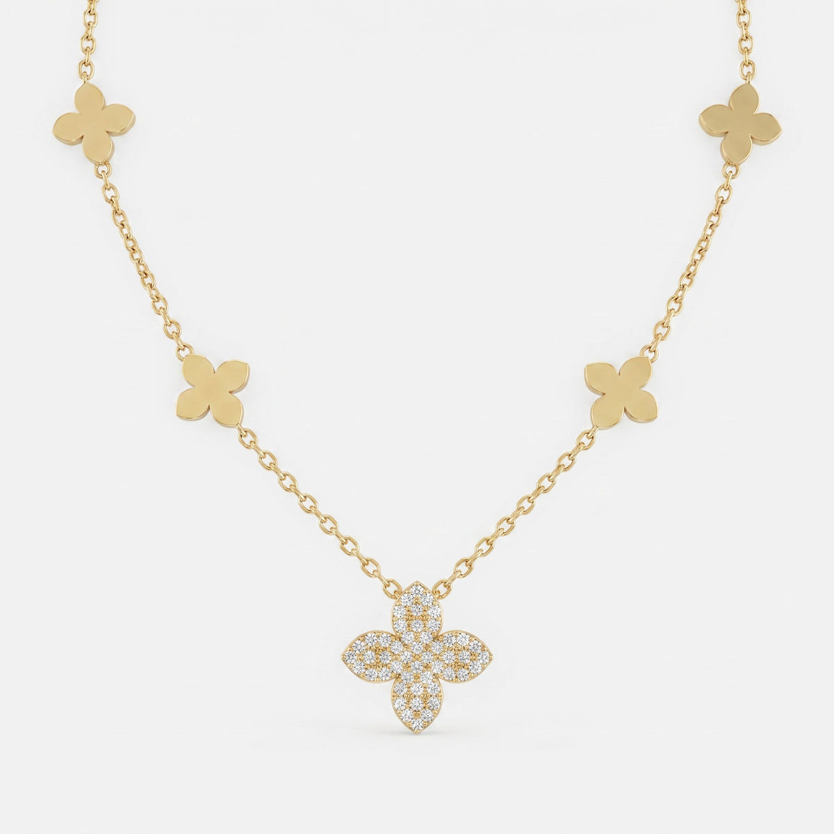 Clover Inspired Four-Leaf Round Diamond Blossom Necklace