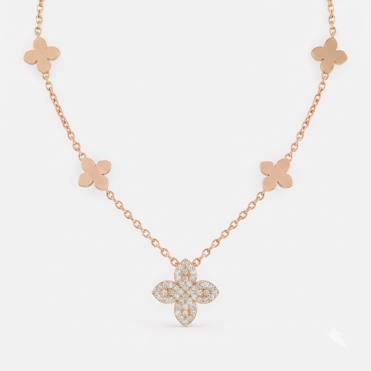 Clover Inspired Four-Leaf Round Diamond Blossom Necklace