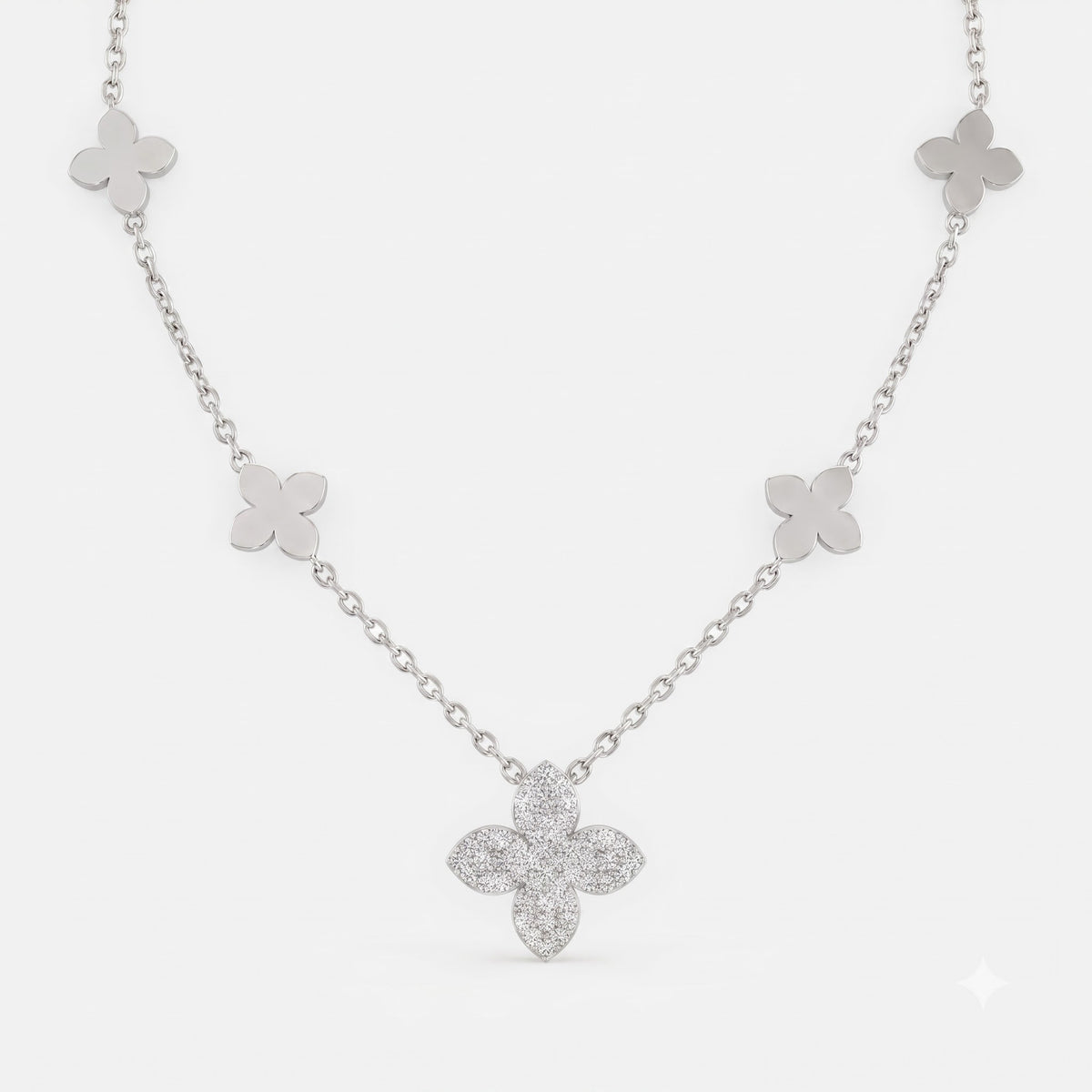 Clover Inspired Four-Leaf Round Diamond Blossom Necklace