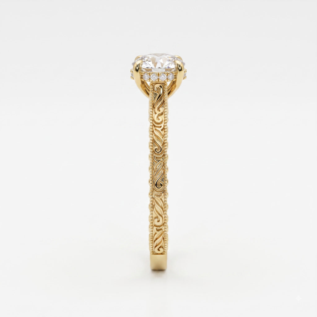 The Aurelia Royale Ornate Round Diamond Hidden Halo Ring