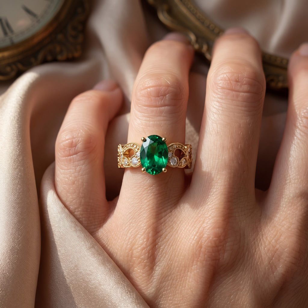 Modern Green Oval Diamond Vintage Inspired Ring