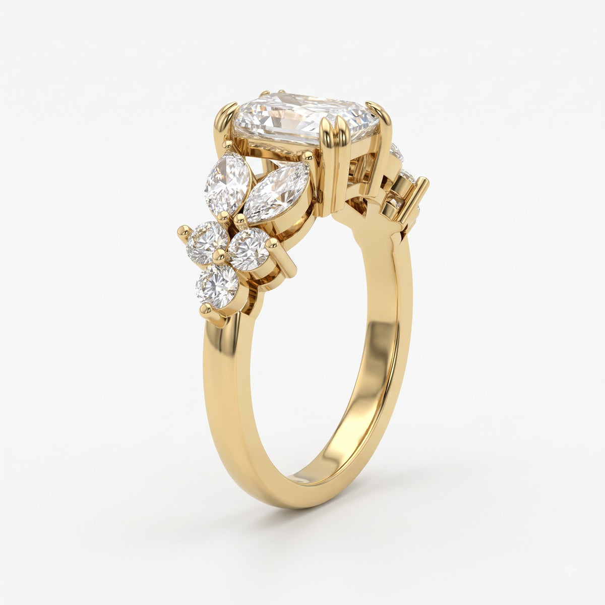 Aurelia Bloom Floral Radiant-Cut Diamond Side Stone Ring