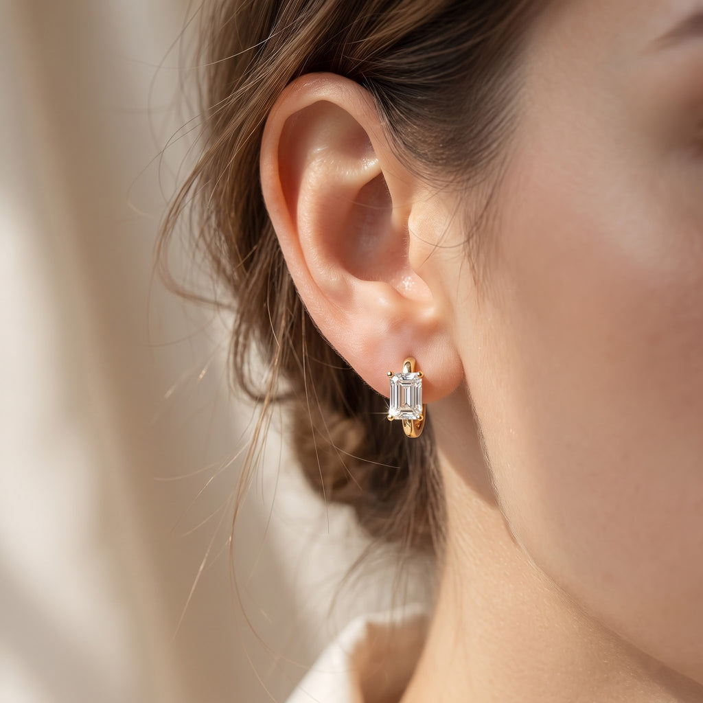 Modern Emerald Cut Diamond Huggie Hoops Earrings