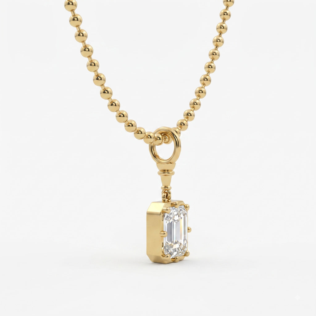 Elegant Emerald-Cut Solitaire Pendant with Beaded Gold Chain
