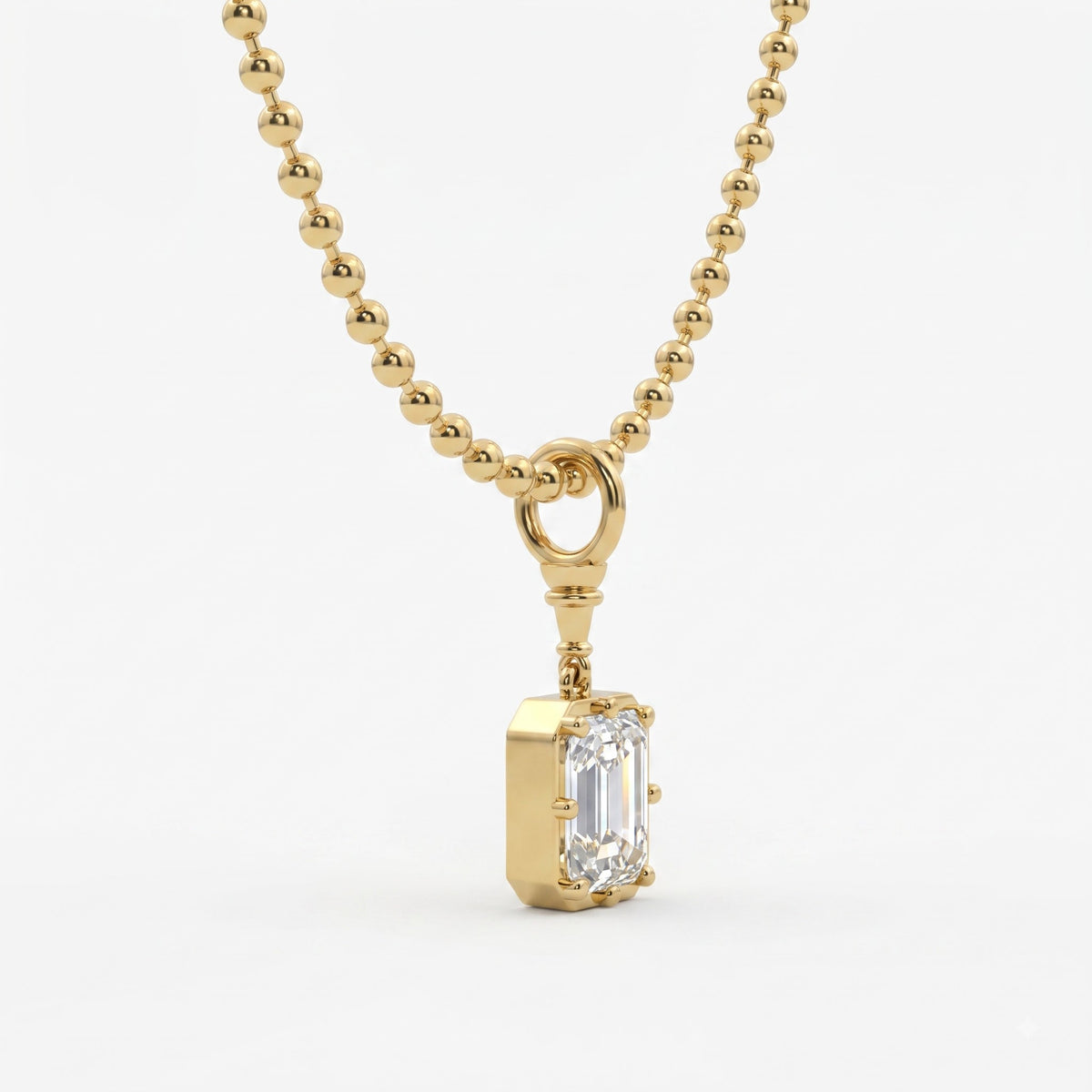 Elegant Emerald-Cut Solitaire Pendant with Beaded Gold Chain