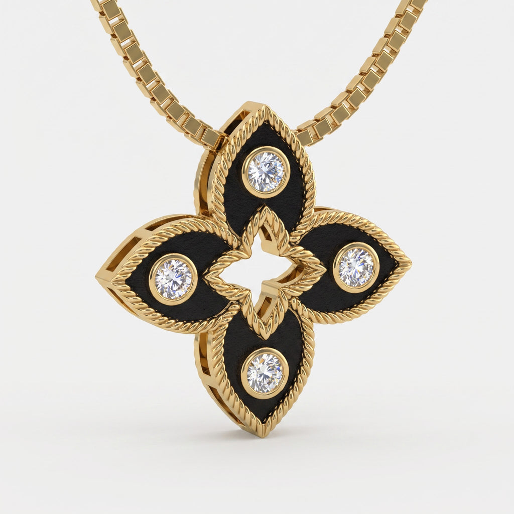Black Enamel four-petal floral Round Diamond Pendant Necklace