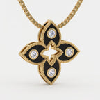 Black Enamel four-petal floral Round Diamond Pendant Necklace
