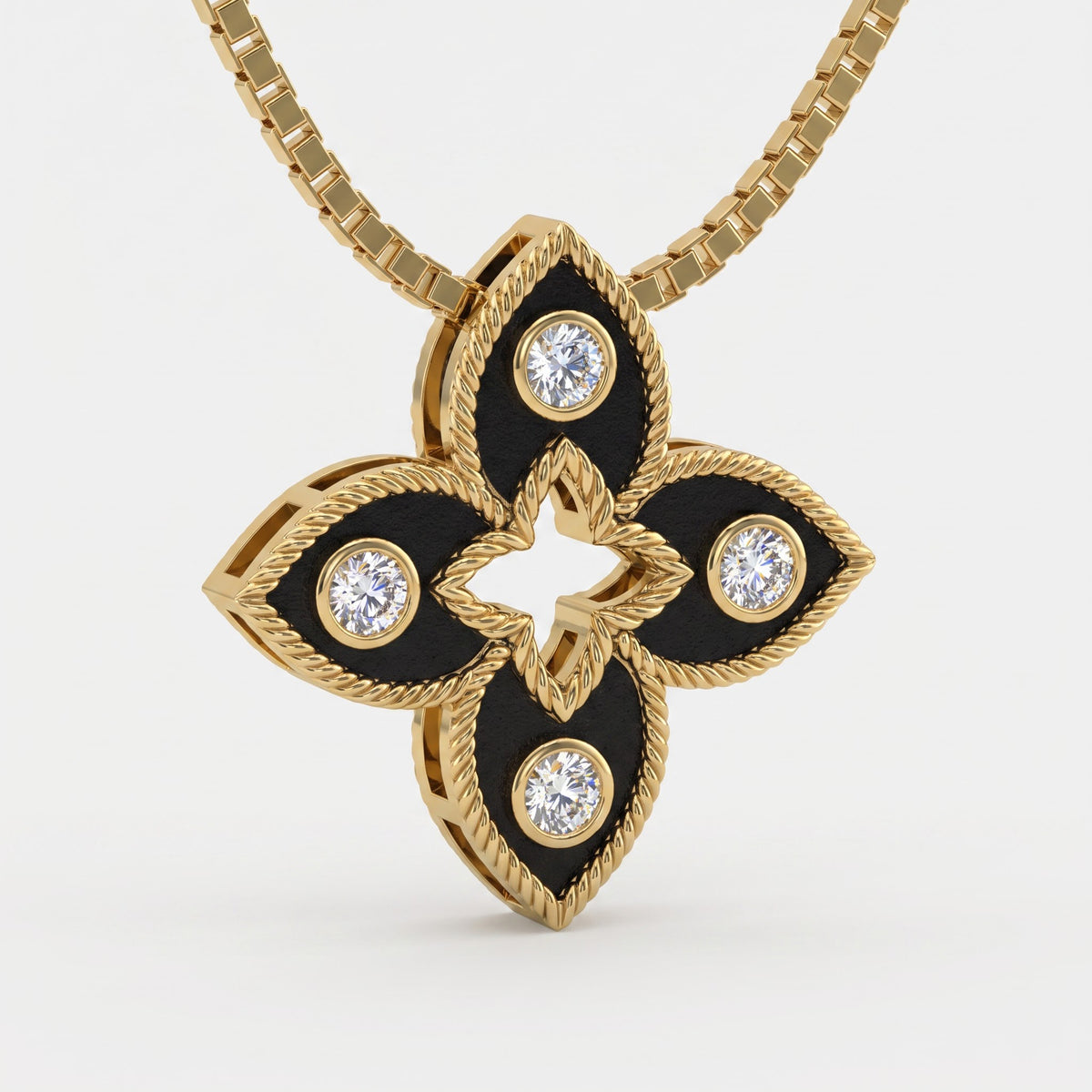 Black Enamel four-petal floral Round Diamond Pendant Necklace