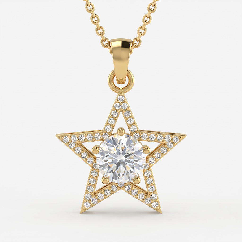 Celestial Sparkle Star Design Round Diamond Pendant Necklace